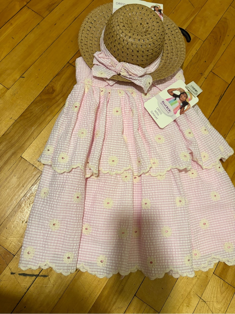 NEW Blueberi Boulevard Pink and Cream Gingham Daisy Tiered Dress with Straw Hat